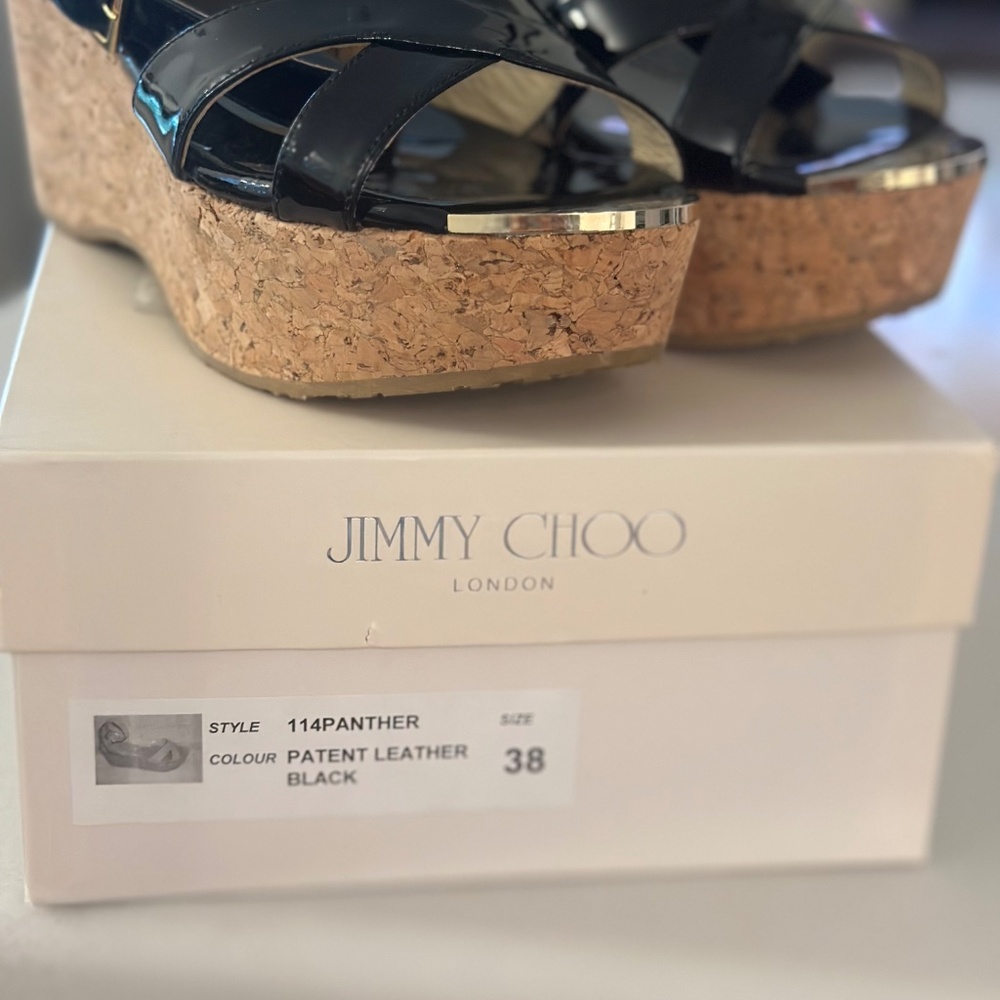 Jimmy Choo Black Patent Leather Cork Wedge Sandals with Gold Accents - Picture 2 of 5
